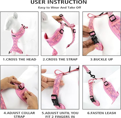 Dog Harness and Leash Collar Set with Dog Poop Bag Holder and Bandanas, Escape Proof Adjustable Puppy Cat Vest with Soft Mesh Padded, Pet Supplies for Small Medium Large Dogs Kitten(Purple, L)