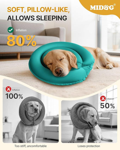 MIDOG Soft Inflatable Dog Cone - Comfortable Alternative After Surgery that Doesn't Block Vision, Patented Donut Recovery Collar Prevents Licking for Large & Medium Dogs (S)