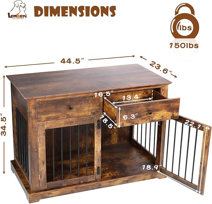 LEMBERI 44 Inch Large Dog Crate Furniture, Wooden Dog Kennel End Table with Storage Drawers, Decorative Pet Cage Dog House Indoor for Dogs, Brown