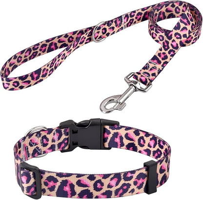 Mihqy Dog Collar and Leash Set with Bohemia Floral Tribal Geometric Patterns - Soft Ethnic Style Collar Adjustable for Small Medium Large Dogs(Pink Leopard Set,S)