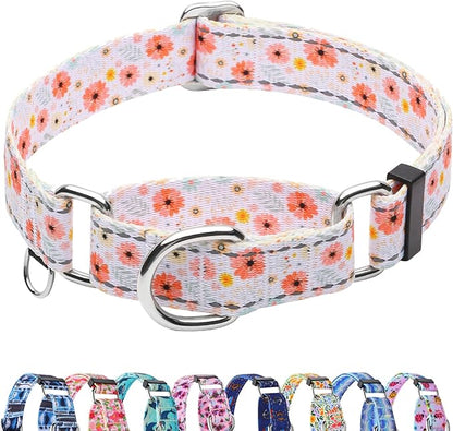 Reflective Martingale Collar for Dogs Nylon Training Collar with No Buckle Cute Floral No Pull Dog Collar for Large Dogs（White Flower，L）