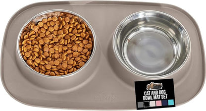 GORILLA GRIP Feeding Mat Bowl Set, 100% Waterproof BPA Free Silicone Base, 304 Stainless Steel Cat and Dog Bowls for Food and Water, Slip Resistant, High Edge, US Designed, Patent Pending, 2 Cup Beige