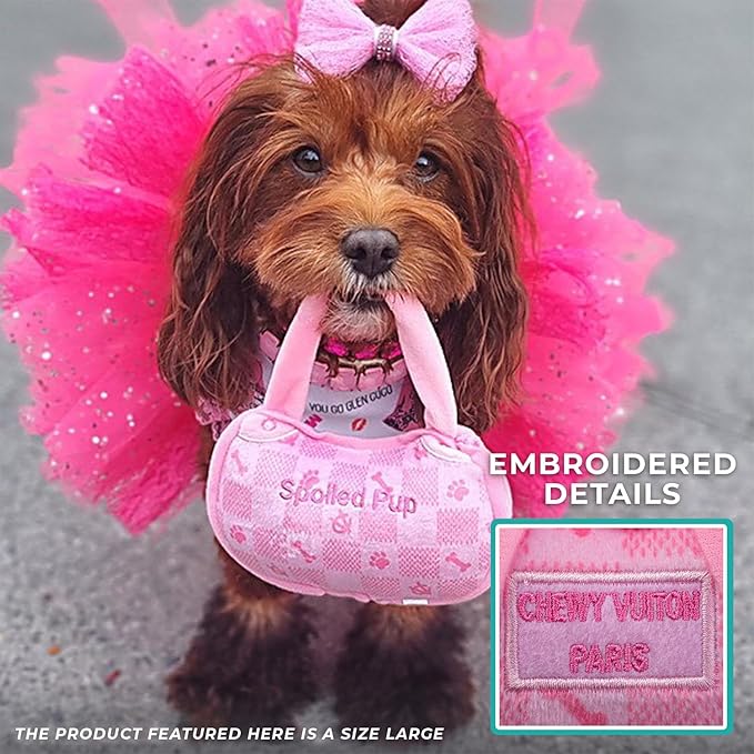 Haute Diggity Dog Chewy Vuiton Handbag Plush Squeaky Dog Toy, Soft Durable Designer-Inspired Stuffed Puppy Chew Toys for Small & Medium Dogs, Machine-Washable (Pink Checker) Large