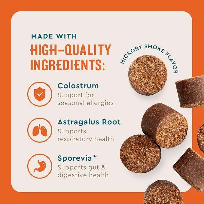 VetIQ Allergy Pro+ Soft Chews for Dogs, Dog Allergy Chews, Seasonal Support, Colostrum, Astragalus Root, Sporevia, Hickory Smoke Flavor, 60 Count