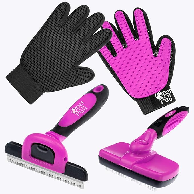 Complete Professional Pet Grooming Kit With Hair Removal Tool, Gloves, Self Cleaning Slicker Brush, and Pro Dog Deshedder Comb to Reduce Shedding (Pink)