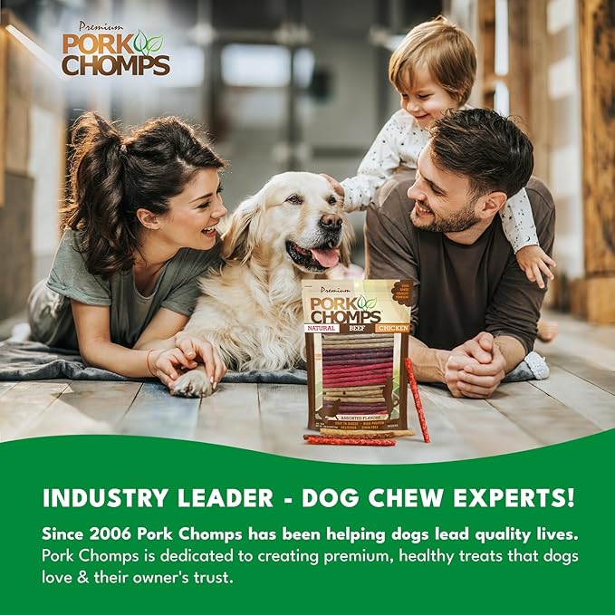 Pork Chomps Dog Chews, 5 Inch Munchy Sticks, 100 Count - Assorted Flavors: Roasted Pork, Chicken, & Bacon - Long-Lasting Treats for Dogs - High Protein, Low Fat, Healthy & Delicious Chews (1 Pack)