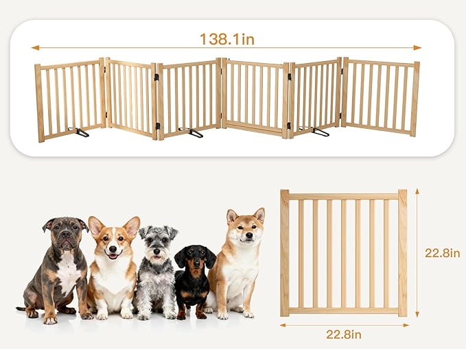 YOCAN Paint-Free Wooden Freestanding Dog Gates with Door for The House,Doorways, Stairs,Wood Dog Fences Indoor Pet Gate,Step Over Fence-6 Panel