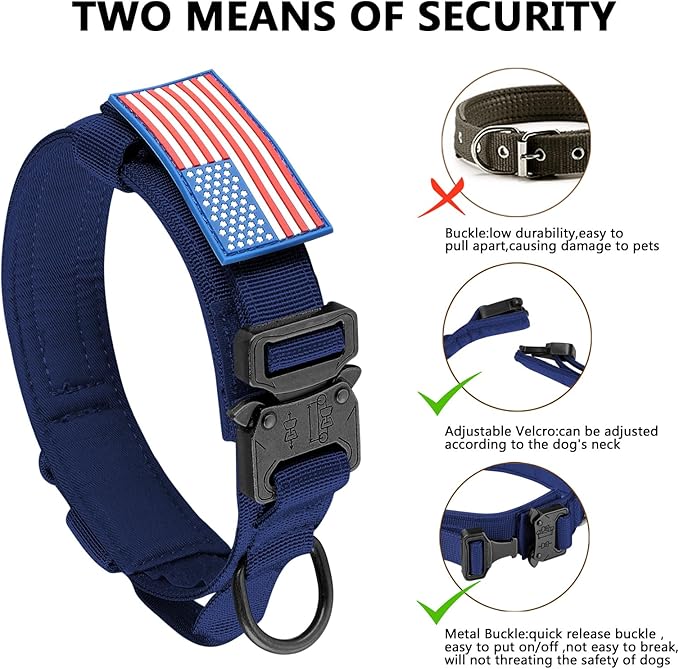 DAGANXI Tactical Dog Collar, Adjustable Military Training Nylon Dog Collar with Control Handle and Heavy Metal Buckle for Medium and Large Dogs, with Patches and Airtags Case (Midnight Blue, XL)