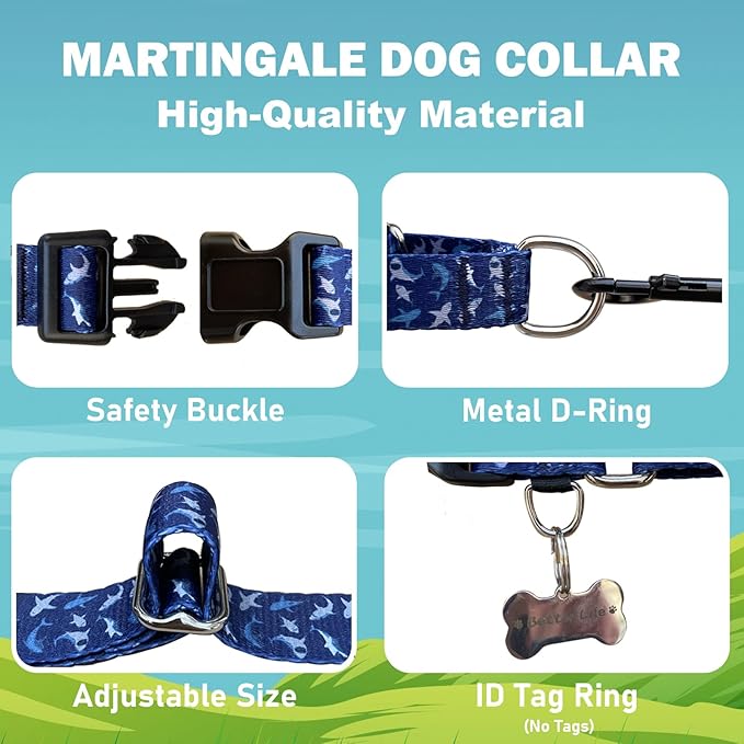 Martingale Collar for Dogs with Buckle Shark Dog Collar Adjustable Soft Nylon Boy Dog Collars for Large Dogs, Deep Blue Shark