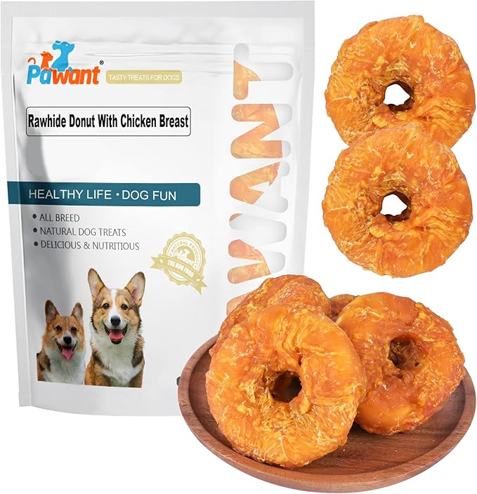Dog Treats Long Lasting for Large Dog Clean Teeth Chicken Wrapped Rawhide Donuts 1lb/454g