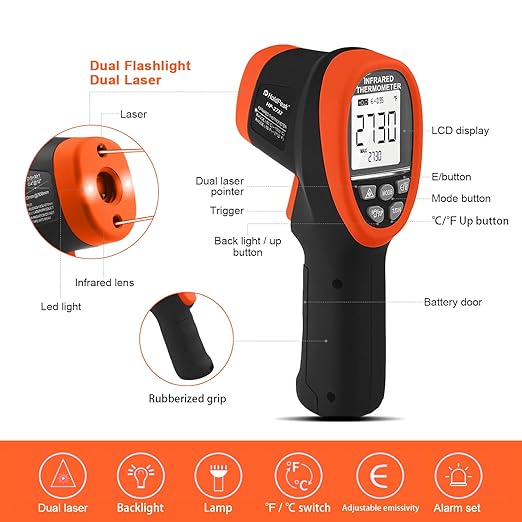 HOLDPEAK Pyrometer D:S=30:1, High Temp Infrared Thermometer -58℉~2732℉, Non-Contact Industrial Laser Thermometer Gun, Digital IR Temperature Gauge HP-2732 (NOT for Human)