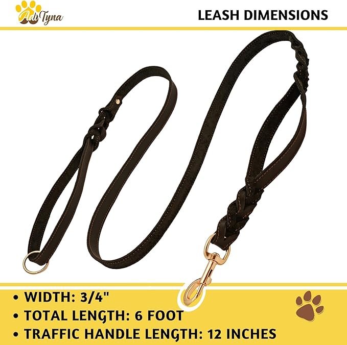 ADITYNA - Double Handle Leather Dog Leash 6ft - Heavy Duty Braided Dog Leash with Traffic Handle - Lead for Training and Walking Medium Large Breeds (Black, Two Handles 6 Foot x 3/4")
