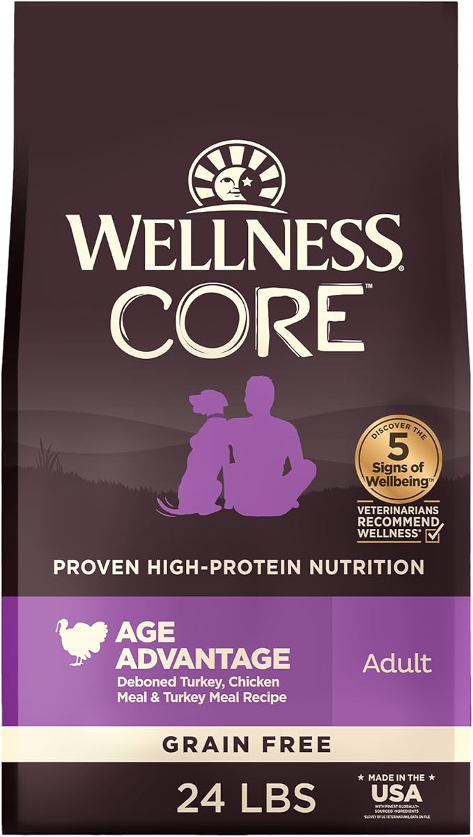 Wellness CORE Senior Dry Dog Food, Grain-Free, High Protein, Natural, Age Advantage Turkey & Chicken Recipe, (24-Pound Bag)