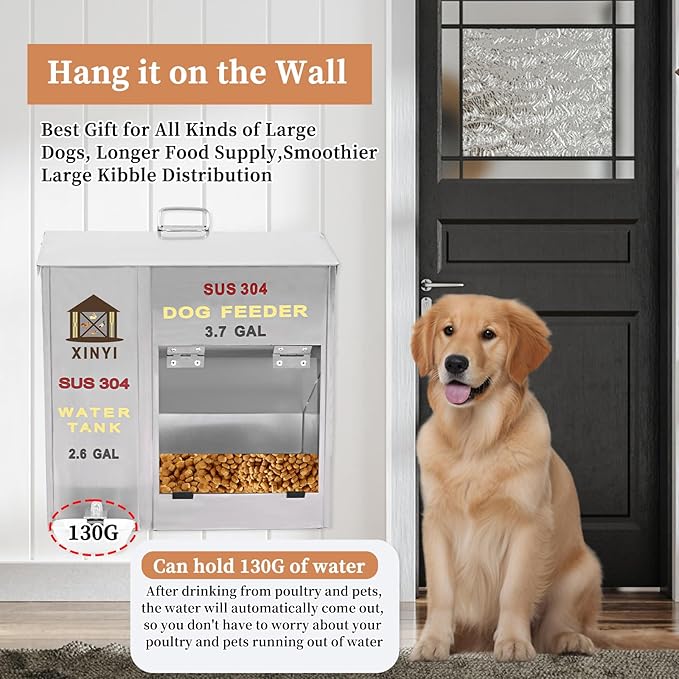 Xinyi Stainless Steel Dog Feeder and Waterer 2-in-1, Gravity Dog Feeder, Aluminum Alloy Water Cup, Automatic Feeder Waterpoof and Sturdy, Transparent Acrylic Observation Window, 3.7 Gallon