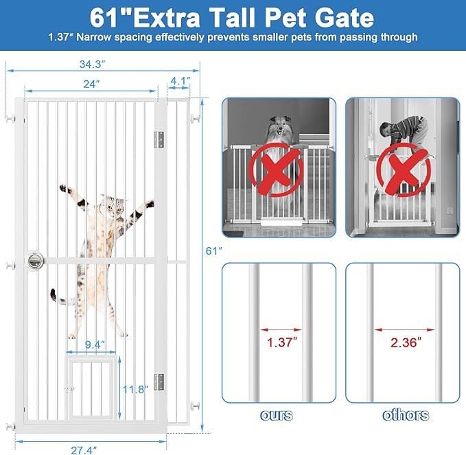 Extra Tall Cat Gate for Doorway, Adjustable Wide Dog Door with Cat Door, 1.37" Gap for Pet Gates, Suitable for Doorways or Kitchen, No Drilling Pressure Mount Kit (White, 34.3"-36.7"/87.3cm-93.3cm)