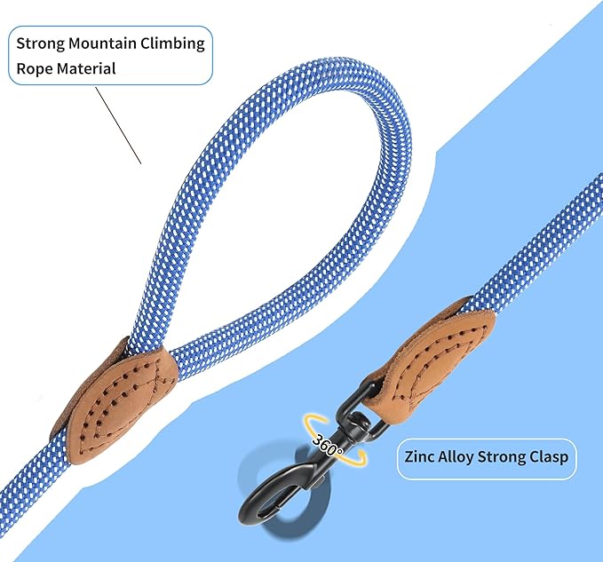 Mile High Life Rope Leash with Genuine Leather Connection, 6 FT/5 FT/4 FT, Heavy Duty Leash for Medium & Large Dogs (Blue White, 72 Inch)