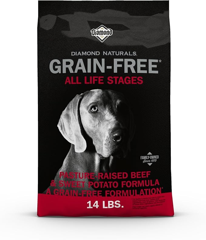 Diamond Naturals Grain-Free Recipe All Life Stages, Real Meat Protein Dog Food Premium Pastured-Raised Beef and Sweet Potato, with Taurine, and Omega Fatty Acids, for all Breed Sizes 14lb