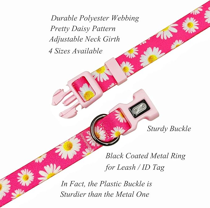 Dog Collar and Leash Set, Cute Pink Daisy Pattern, Polyester Material, 5ft Leash, for Medium Dogs.(M, Daisy Set)