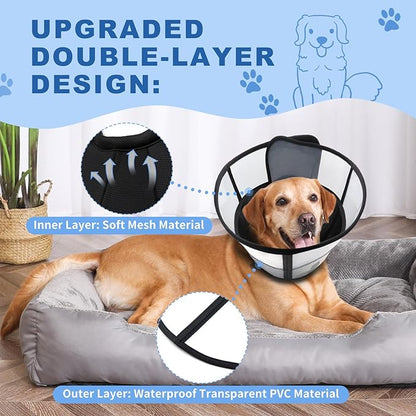WinWeal Soft Dog Cone Collar for Dogs After Surgery, Transparent Breathable Pet Recovery Collar for Large Medium Dogs, Adjustable Dog Cone Collar, Elizabethan Collar (XL, Black)