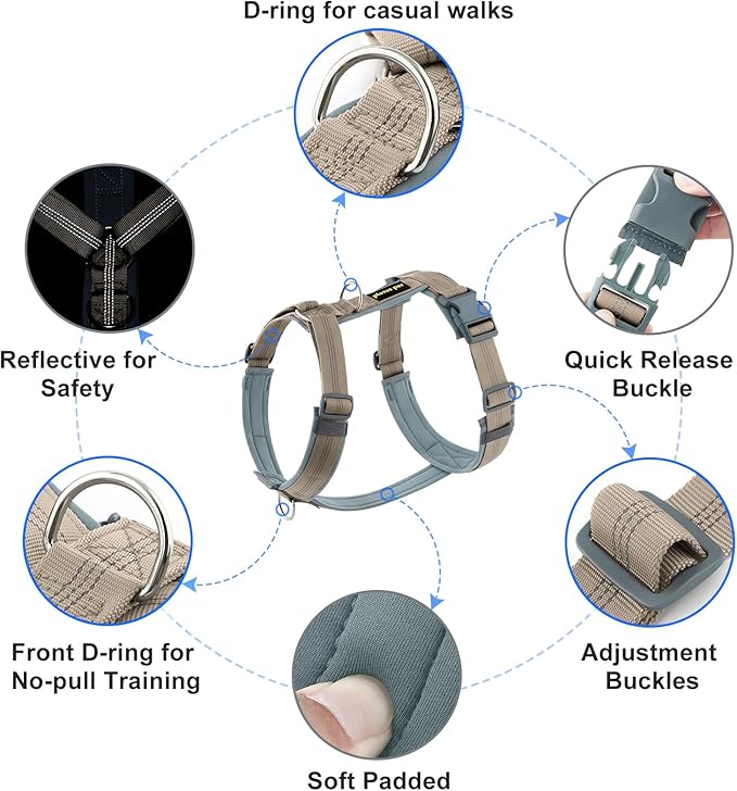 Plutus Pet No Pull Dog Harness, Adjustable Nylon Harness with Soft Padding, Reflective and Heavy Duty Dog Harness for Small, Medium, Large Dogs(Beige, L)
