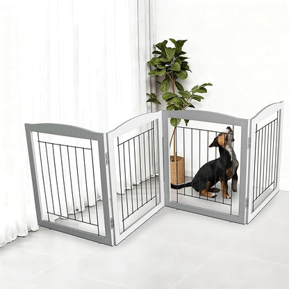 ZJSF Freestanding Foldable Dog Gate for House Extra Wide Wooden Grey Puppy Gate Stairs Dog Gates Doorways Tall Pet Gate 32" Height 4 Panels Pet Fence