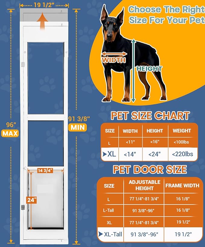 96 inch XL Dog Door for Sliding Glass Door - Left Amout from Inside, Adjustable Height: 96.38-96 in, Extra Large Flap: 14.75”(W) x 24”(H)