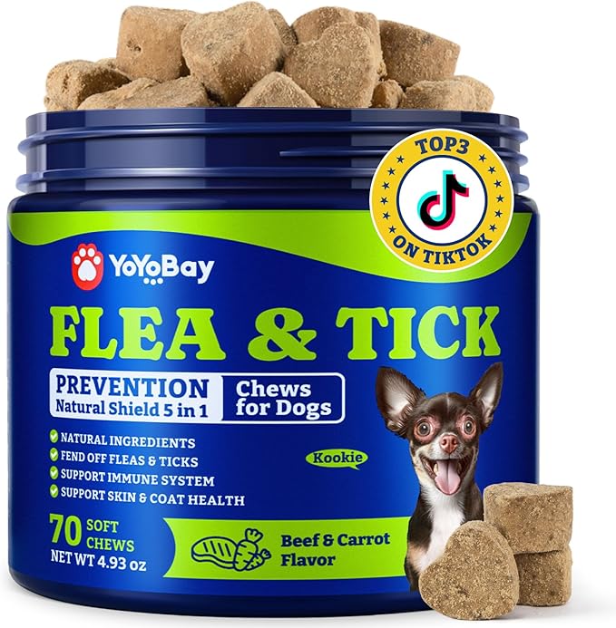 Flea & Tick Prevention for Dogs Chewables, Natural Dog Flea and Tick Control Treatment, Oral Flea Pills, Dogs Supplement, Natural Shield 5-in-1 Protection, Beef & Carrot Flavor, 70 Soft Chews