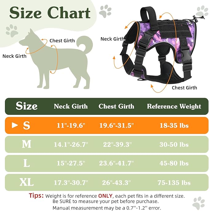 VavoPaw Heavy Duty Tactical Dog Harness for Large Dogs, No Pull Adjustable Pet Harness Reflective Service Training Easy Control Pet Vest Military K9 Working Dog Harnesses, Purple Camouflage, S