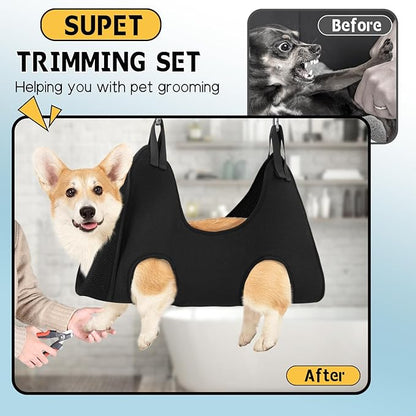 Supet Dog Grooming Hammock Harness for Dogs Cats, Relaxation Pet Nail Clipper Hammock, Restraint Dog & Small Animal Leashes Sling for Groomingk for Nail Trimming (Black, L)