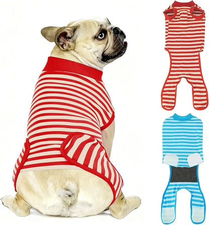 2 Packs Breathable Cotton Dog Recovery Suit for After Neuter Spay Abdominal Wounds Protector, Professional Anti-Licking Onesies for Male Female Pets Surgery Bandages, M Red & Blue Stripes