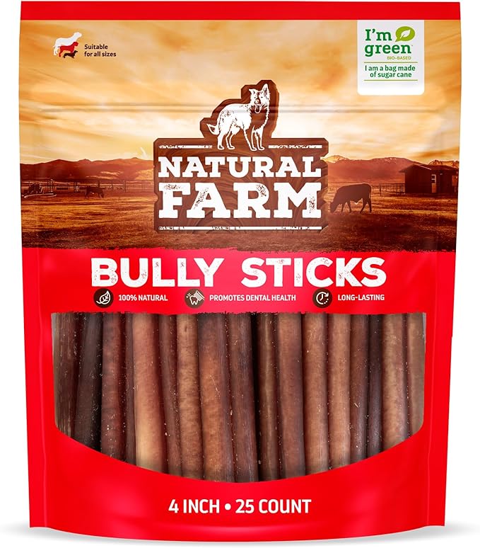 Natural Farm Odor Free Bully Sticks (4 Inch, 25 Pack) for Small & Medium Dogs - 100% Beef Chews for Pups, Non-GMO, Grain-Free, Fully Digestible Long Lasting Dog Treats