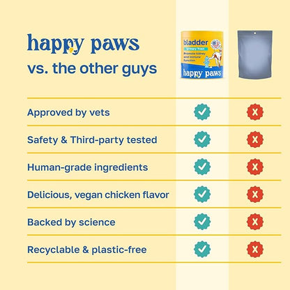 Happy Paws Bladder Supplement, Dog Urinary Tract Supplements & Kidney Support with Cranberry & Antioxidants, Soft Chews for All Breeds & Ages, Vegan Chicken Flavor, (100 Chews)