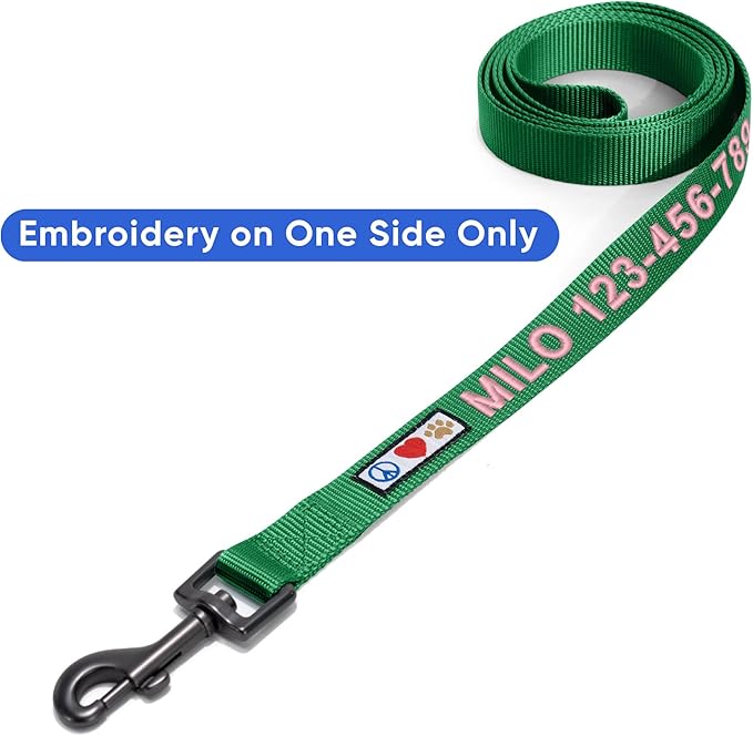 Pawtitas Personalized 6 ft Lush Green Dog Leash XS/S Custom Name and Phone Embroidery Strong Nylon Leash for Small Breeds
