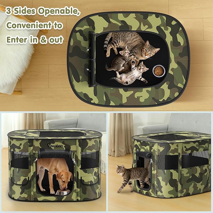 Dog Playpen, Portable Pet Cat PlayPen, 600D Oxford Dog Kennel Tent Crate, Waterproof&Breathable, Indoor Outdoor Travel Camping for Medium/Large Breed with Carrying Case+Bowl(M), Black Camouflage