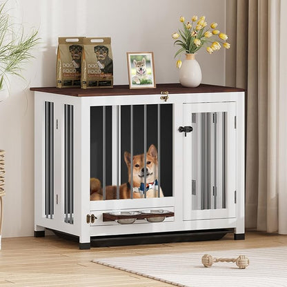 Dog Crate - 31.5" Wooden Dog Kennel Furniture with 360° Rotating Feeder & Removable Tray | Indoor Multi-Functional End Table for Medium & Small Dogs, White Dog Cage, Portable Pet Furniture