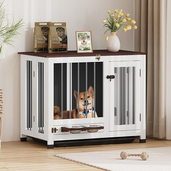 31.5" Dog Crate Furniture - Wooden Dog Kennel with 360° Rotating Feeder & Removable Tray | Indoor Multi-Functional End Table for Medium & Small Dogs, White Dog Cage, Portable Pet Furniture