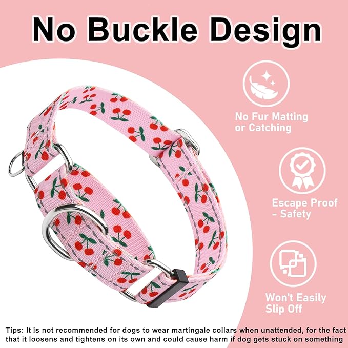 Reflective Martingale Collar for Dogs Nylon Training Collar with No Buckle No Pull Cute Dog Collar for Large Dogs（Pink Cherry，L）