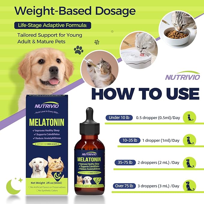 Liquid Melatonin for Dogs and Cats, Cat Melatonin, Dog Sleep Aid, Dog Anxiety Relief, Calming Behavior in Pets, Helps Restful Sleep, Small & Large Dogs, Bacon Flavor (60ml)