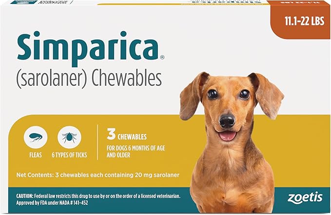 Simparica (sarolaner) Chewables for Dogs, 20 mg/tab, 11.1-22 lbs (Caramel), 3 Tablets
