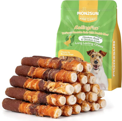 MON2SUN Dog Treats, Triple Flavor 6 Inch Chicken Liver Duck and Chicken Wrapped Rawhide Sticks, Teeth Cleaning Snacks for Medium Dogs, 35.27 oz (20 Count-Pack of 1)