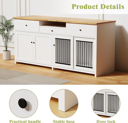 78" Double Door Dog Crate Furniture TV Stand, Heavy Duty Wooden Dog Kennel with 3 Drawers & 2 Cabinets, Extra Large Indoor Dog Cage for Medium/Large Dogs, White