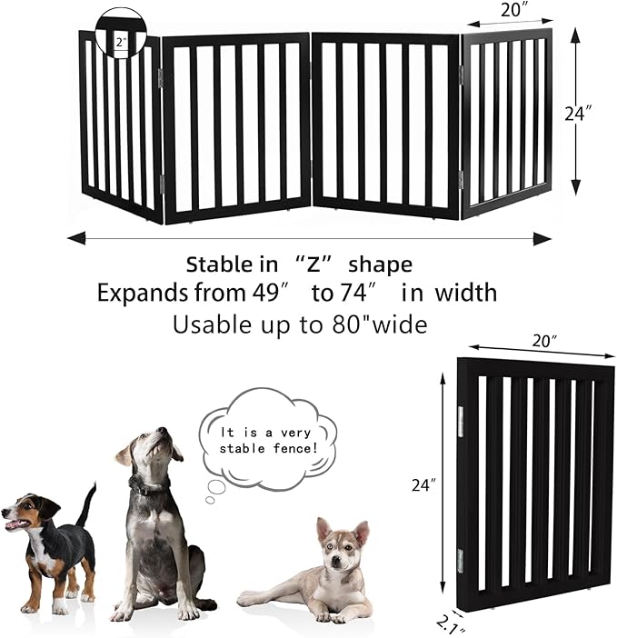 ZJSF Freestanding Indoor Dog Gate for House Foldable Wood Black Puppy Gate for Doorways Pet Gate for Stairs Extra Wide Pet Fence 24" Height 4 Panels
