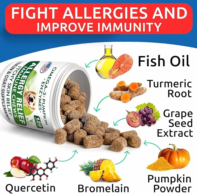 BARK&SPARK Dog Allergy Relief Soft Chews for Skin Health & Seasonal Allergies - Anti-Itch Supplement w/Omega-3, Quercetin & Bromelain Immune Treats for Dry Skin & Hot Spots - Bacon - 120ct