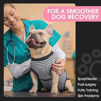 FUAMEY Dog Recovery Suit Male,Dogs Surgery Neuter Suits Puppy Spay Shirts for Female Protect Dog's Skin Anti Licking Abdominal Wounds Doggie Onesie Pet Bodysuit Alternative to Cone Gray Stripes XS