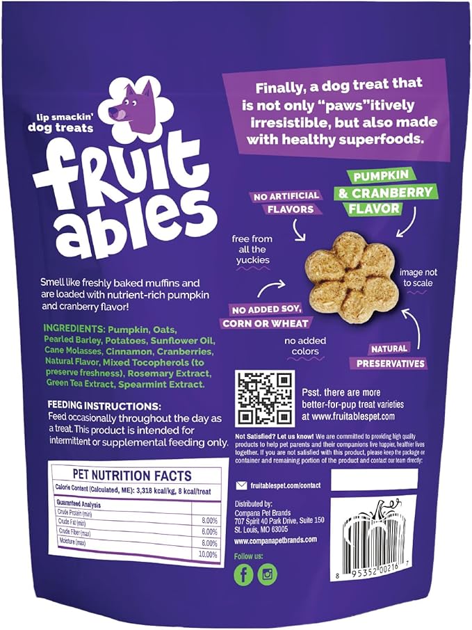 Fruitables Baked Dog Treats, Healthy Pumpkin Snacks for Dogs, Low Calorie & Delicious, No Wheat, Corn or Soy, Puppy Training Treats, Made in the USA, Pumpkin and Cranberry Flavor, 7oz