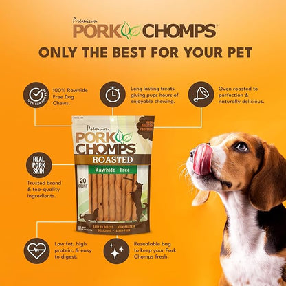 Pork Chomps Roasted Pork Skin Dog Chews, 5 Inch Mini Twists, 20 Count - Long-Lasting Treats for Dogs - High Protein, Rawhide-Free, Low Fat, Healthy & Delicious Chews