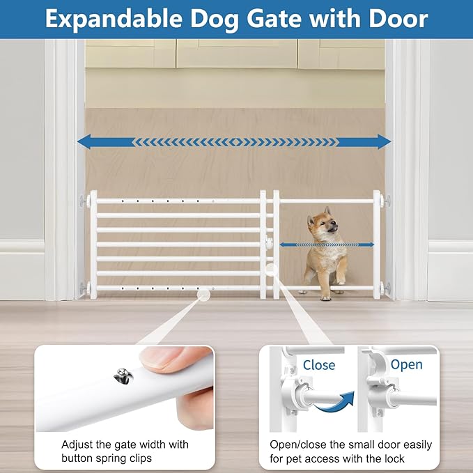 Malier Indoor Dog Gate with Door, 34-55" Extra Wide Full Metal Pet Gate Short Dog Gate for Stairs, Pressure Mount 14'' Tall Small Puppy Low Gate Easy Step Over for Doorways