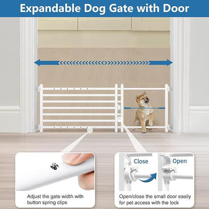Malier Indoor Dog Gate with Door, 34-55" Extra Wide Full Metal Pet Gate Short Dog Gate for Stairs, Pressure Mount 14'' Tall Small Puppy Low Gate Easy Step Over for Doorways