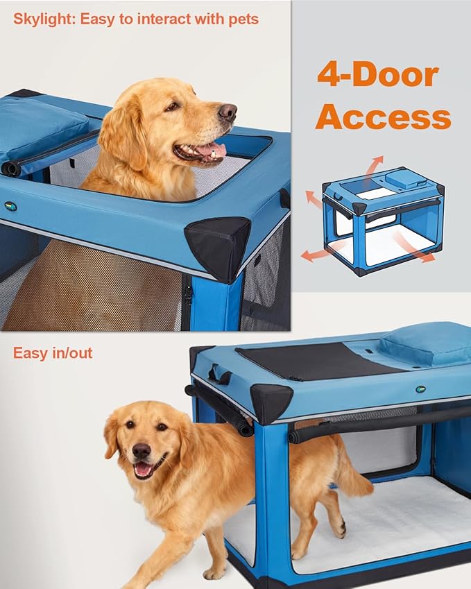 Ownpets 48 inch XXL Collapsible Dog Crate for Large Dogs, Portable Travel Dog Crate, 4-Door Foldable Pet Kennel with Durable Mesh Windows and Soft Mat, Blue