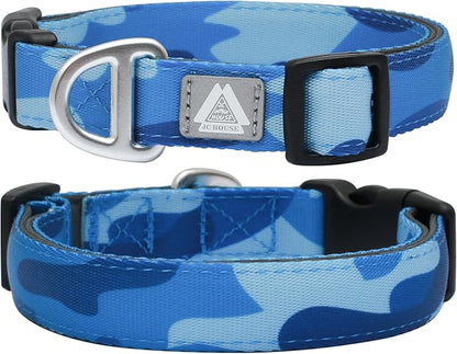 Soft Padded Dog Collar, Neck 9’’-14’’, Adjustable Heavy Duty Collar with 3M Reflective Logo for Small Dogs, Camo Blue, S